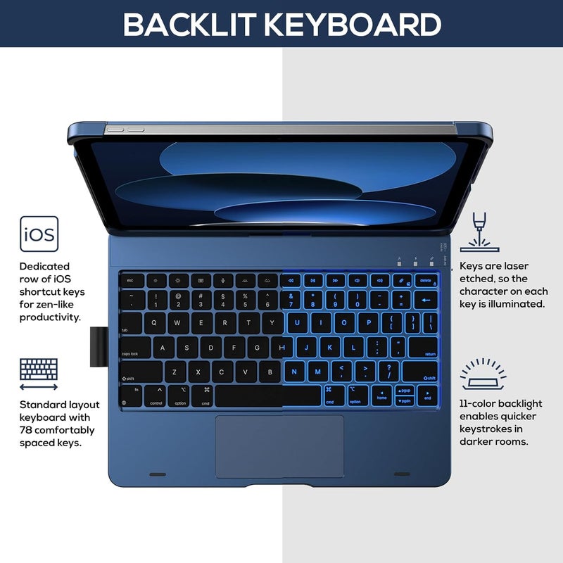 typecase Touch iPad 11th 10th Generation Case with Keyboard (11" 2025, A16 & 10.9" 2022) – 360° Rotatable, 11-Color Backlit, Multi-Touch Trackpad, Pencil Holder, Thin & Light – Midnight Blue - Image 3